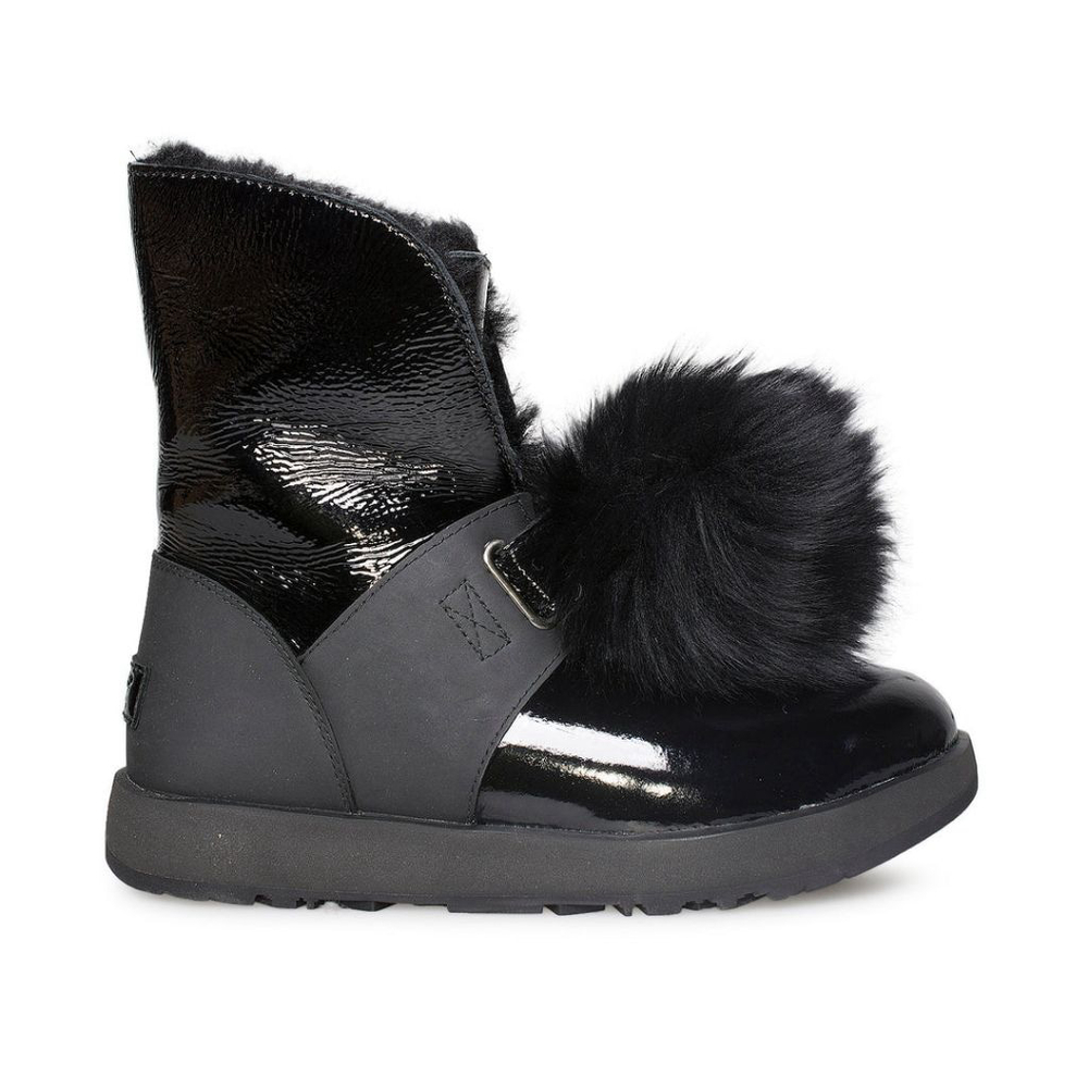 Women's UGG Winter & Rain Boots Black Patent Fur Pom size 6.5